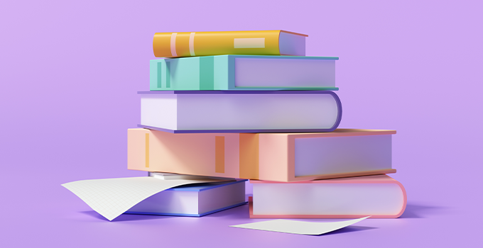 3D graphic of stacked books with a purple gradient background 