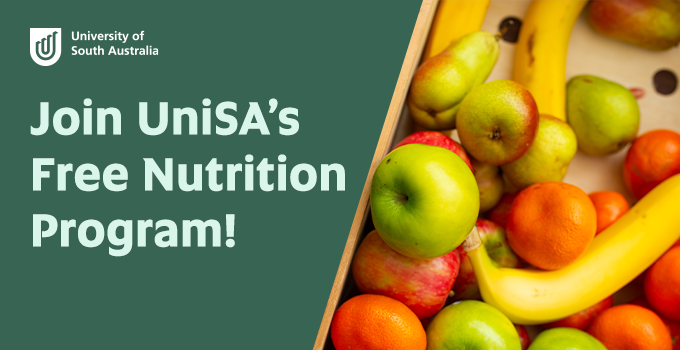 Join UniSA's free nutrition program!
Image of apples, pears, bananas and mandarins in a wooden crate.