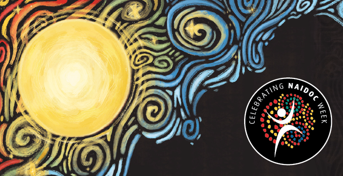 Cropped version of the artwork Ancestral Lines by Jeremy Morgan-Worrall, depicting the sun and sky. The negative space in the bottom right corner contains the NAIDOC week circular logo.
