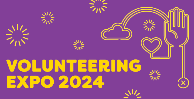 Purple background with yellow illustrations of hand, rainbow, cloud and fireworks.
Volunteering Expo 2024