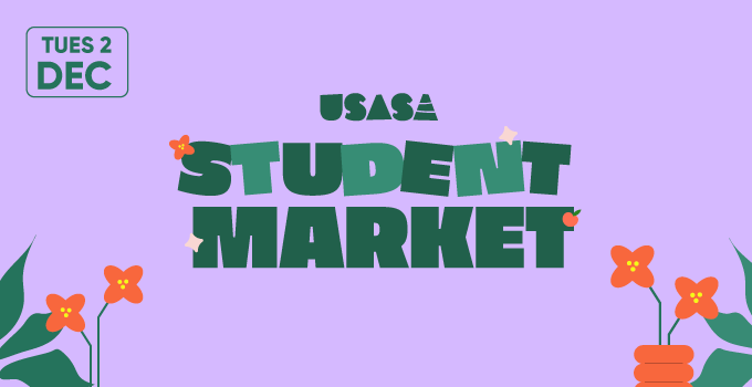 "SASA Student Market
Tues 2 Dec" on a purple background along with flower graphics
