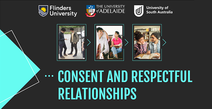 Consent and Respectful Relationships banner with aqua text and graphics against a black background. The banner features stock images of students interacting and the logos for Flinders University, The University of Adelaide and UniSA.