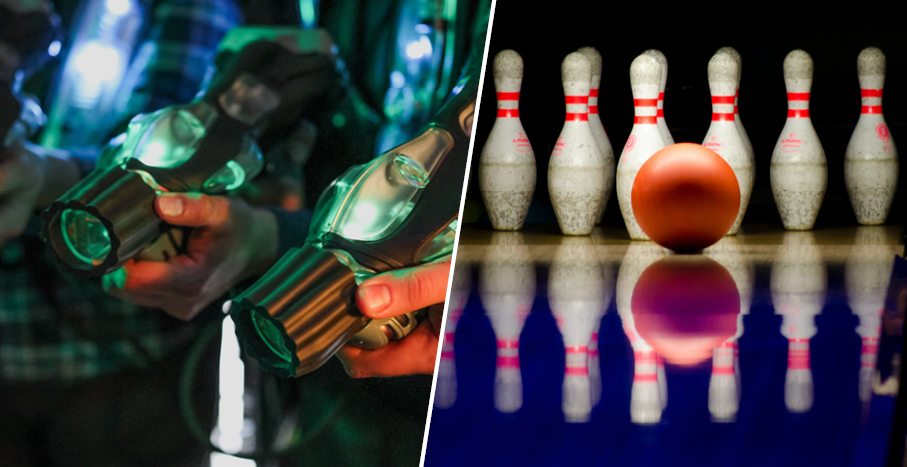 Split image of laser tag guns and bowling ball approaching pins