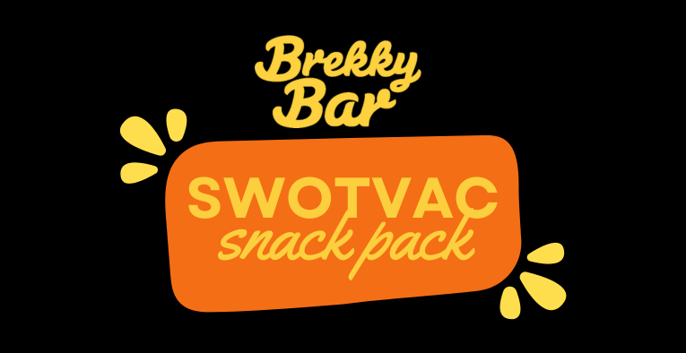 Yellow Brekky Bar typeface branding with minimalist "SWOTVAC Snack Pack" graphic icon. 