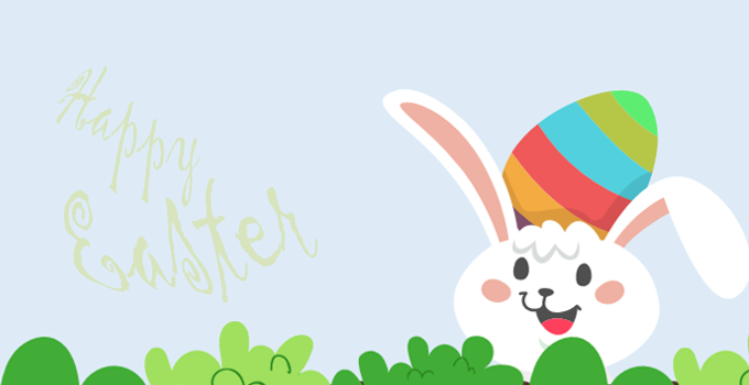 Cartoon illustration of cute smiling bunny with a colourful Easter egg on their head.