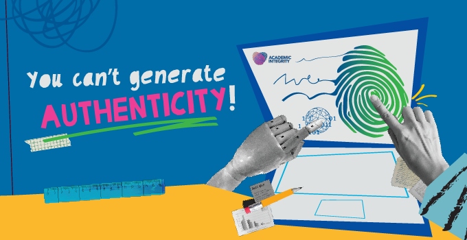 Blue background with illustration of a laptop and fingerprint. You can't generate authenticity!