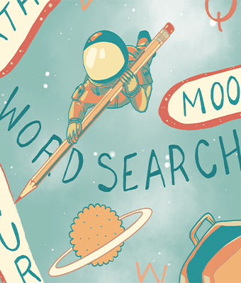 Word search illustration of astronaut holding a giant pencil surrounded by space graphics