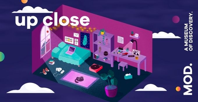 Promotional banner for UP CLOSE, with MOD. branding and isometric illustration of of bedroom