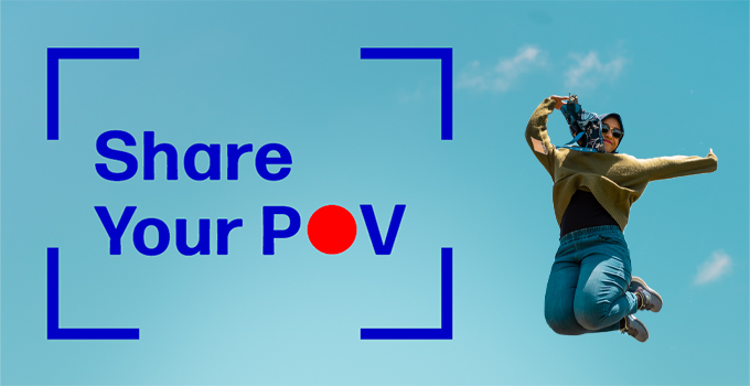 Share your POV banner featuring camera frame branding and a image of a female student jumping against a sky background.