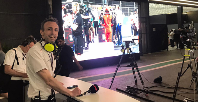 Dwayne Blee doing live coverage of Formula 1 race.