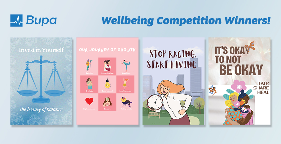 Row of posters showing the four Bupa Wellbeing competition winning artworks. The background is a soft gradient blue and above the posters is a header featuring the Bupa logo and the text "Wellbeing Competition Winners."