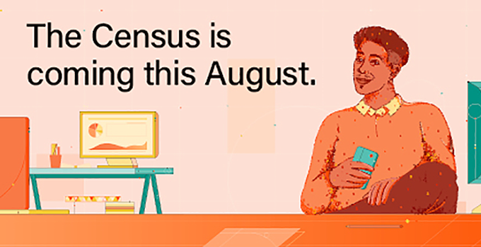Graphic of person with laptop, titled 'The Census is coming this August'