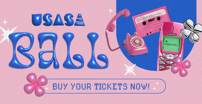 USASA Ball - Buy your tickets now!
Pink banner with blue writing in balloon style font, with images of retro phone, cassette tape and old mobile phone