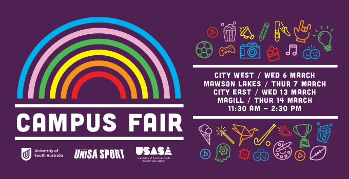 Campus Fair banner with rainbow graphic and fun icons against purple background