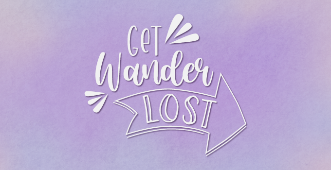 White Get Wanderlost logo with a semi textured lavender royal purple gradient background.
