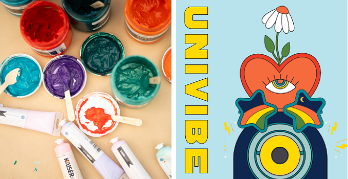 Left image: Image of paint in jars and tubes
Right image: Univibe branding with graphic illustrations of a flower, heart, star glasses and speaker
