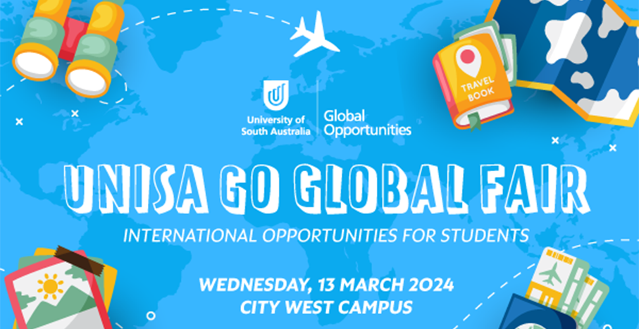 UniSA Global Fair graphic banner featuring multi-coloured 3D travel iconography
