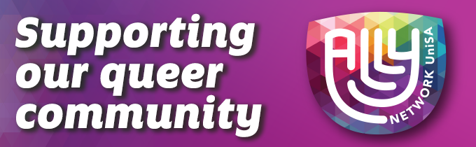 Purple background advertisement banner promoting UniSA Ally Network with the copy "Supporting our Queer Community" and the Ally Network logo.