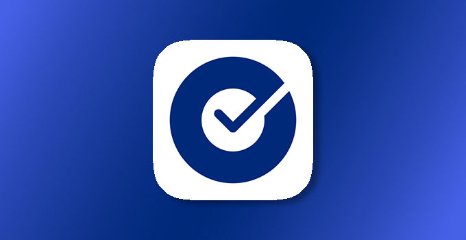 White Okta verify icon against blue gradient background.