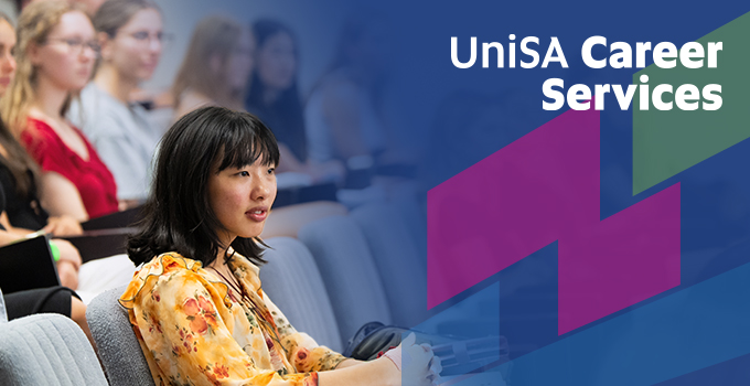 UniSA Career services branded banner with blue gradient overlay, coloured shard graphics and image of student in lecture theater.
