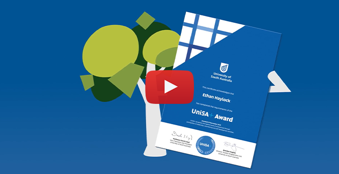 An illustrated tree image holding a UniSA+ certificate, with a YouTube play button in the middle of the image