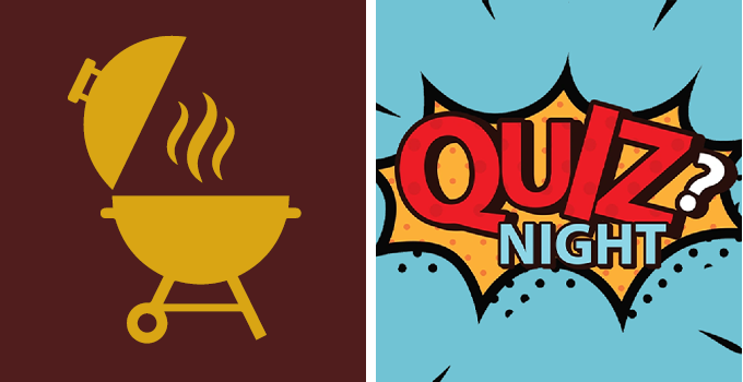 Left image: Graphic illustration of a BBQ
Right image: Quiz night in illustrated graphic