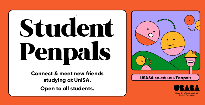 Orange banner with emoji illustrations for Student penpals - connect and meet new friends studying at UniSA. Open to all students.