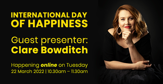 International Day of Happiness promo banner featuring an image of Clare Bowditch