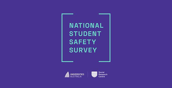 'National Student Safety Survey' branded  Purple banner that also features 'Universities Australia' and 'Social Research Centre' logos.