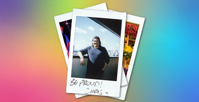 Polaroid image of UniSA staff member Chris stacked on top of two other polaroids against a rainbow gradient background.  Chris has handwritten "Be Proud" below his image.