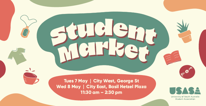 USASA student market. Tues 7 May, City West George St. Wed 8 May, City East, Basil Hetzel Plaza, 11.30am-2.30pm