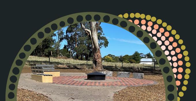 Image of Mount Gambier Yarning circle with Wirringka with branded circle frame
