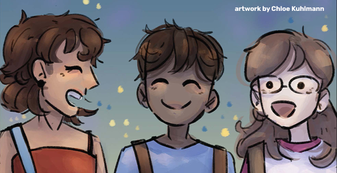 An image of three people chatting and smiling from Chloe Kuhlmann's comics Anxiously Tangled