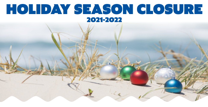 Holiday Season Closure Banner featuring image of Christmas ball balls on a beach and a white ripple graphic.