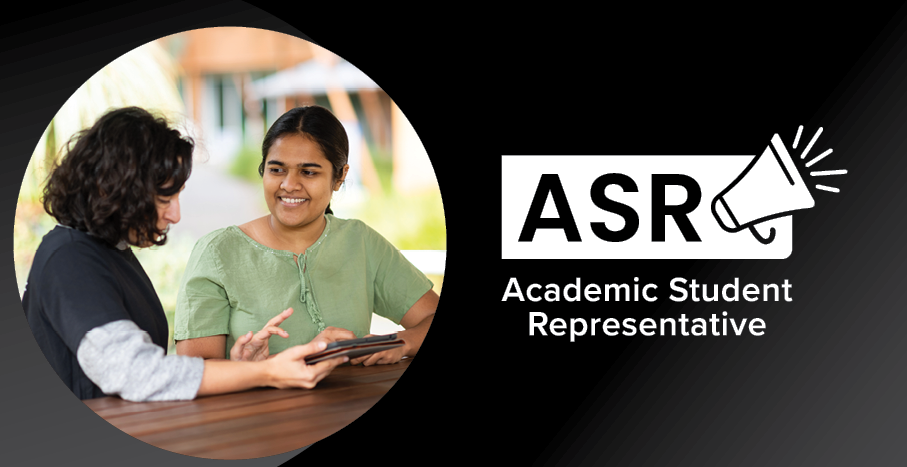 ASR branded banner with ASR logo on the right. While on the left is a circular image of female student sat down and talking with her ASR at Magill campus.