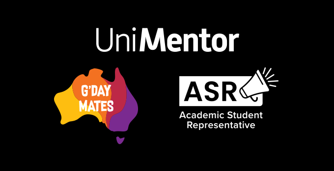 UniMentor, G'Day Mates and ASR logos against a solid black background.