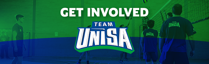 Green and blue advertisement banner promoting UniSA Sport "Team UniSA"