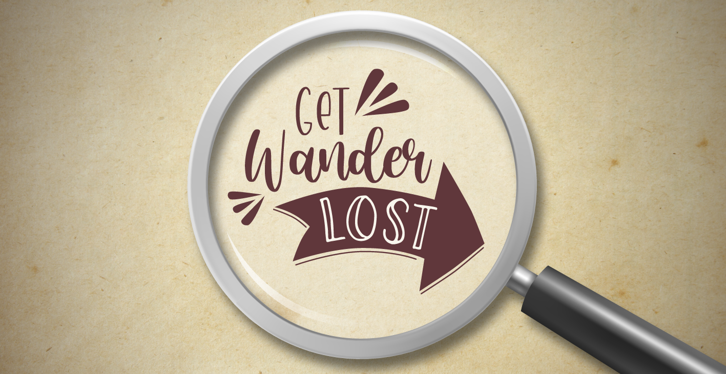 Get Wanderlost banner with dark red logo, vintage paper background and magnify glass graphic