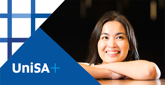 Image of female student smiling at camera. 
UniSA+ on blue triangular background with checkered patterns above