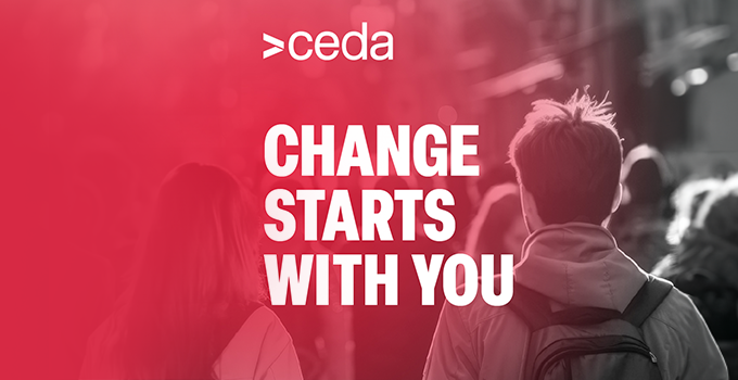 Grayscale image showing the back of male student walking through a busy crowd in a bright outdoor city setting. The left side of the image is heavily obscured by a red gradient overlay and the centre of the banner features the CEDA logo and text that reads "CHANGE STARTS WITH YOU" below it.