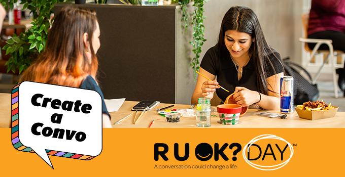 R U OK? Day logo, Create a Convo speech bubble along with a photo of students enjoying the R U OK? Day event.