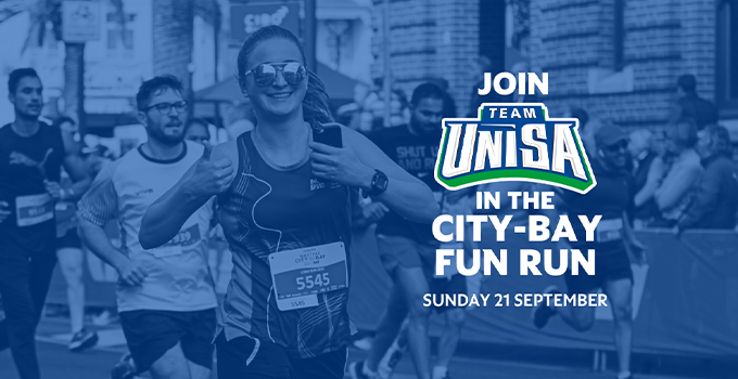 Photo of city-to-bay marathon runners jogging. A female runner in the foreground is smiling and giving a thumbs up to camera.  A blue overlay filter is applied to the image and a Team UniSA logo is featured on the right of the banner along with the accompanying text: Join Team UniSA in the City-Bay Fun Run - Sunday 21 September.