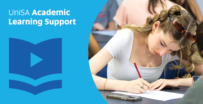 UniSA Academic Learning Support branded banner, featuring a light blue background and dark blue icon. On the right half of the banner is  a circular framed image of a female student writing on a piece of paper in a tutorial setting.