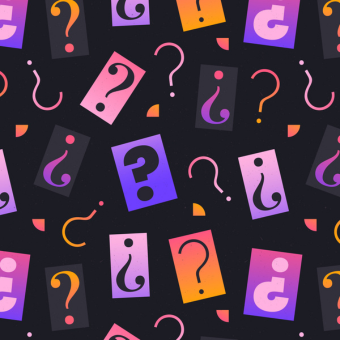 Collage pattern of various question marks in different type styles and gradient background.