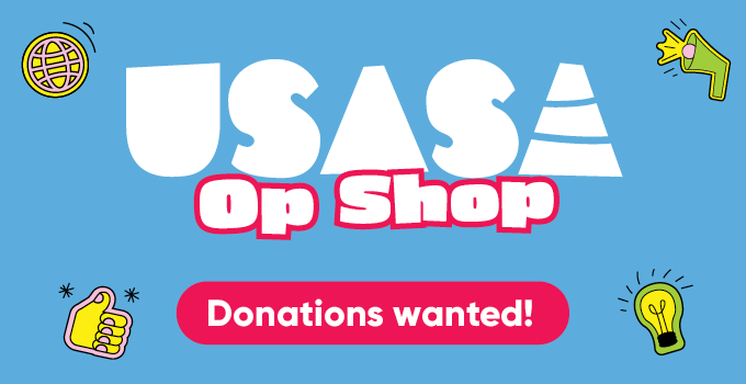 Light blue background with yellow and green illustrated icons in the corners depicting a megaphone, light bulb, globe and hand. Text reads" USASA Op Shop - donations wanted."