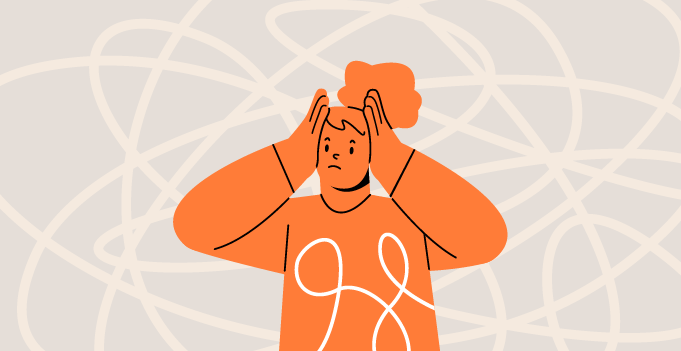 Abstract colourful illustration of distressed female holding her head with tangled lines in the background.