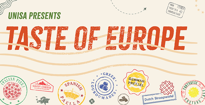 Text "UNISA PRESENTS TASTE OF EUROPE" along with the event stamps