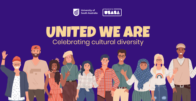 United We Are graphic banner featuring a purple background and illustrations of diverse individuals in a group.