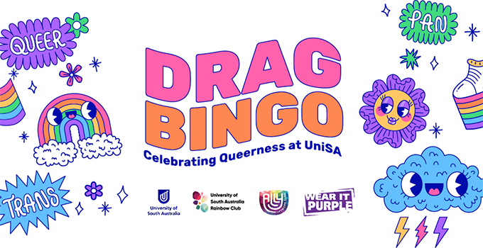 Drag Bingo promotional banner featuring colurful graphics of rainbows, clouds and flowers with illustrated faces. 