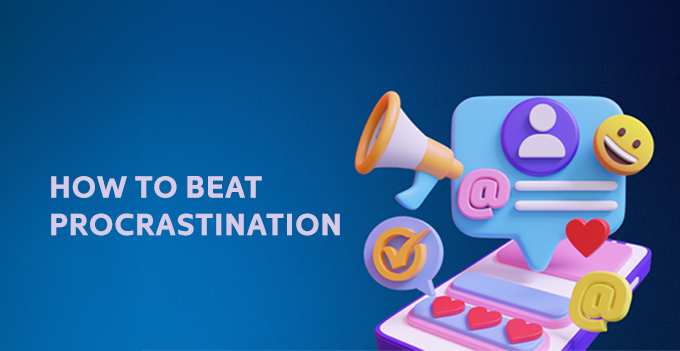 How to beat procrastination.
Vibrant 3D illustration images of phone, messages, emojis and a megaphone